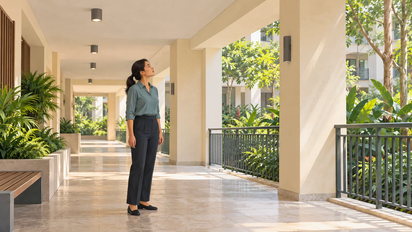 Illustration of a facilities manager inspecting the ceiling of a residential covered walkway.