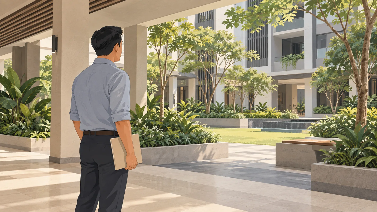 Illustration of a facilities manager holding a folder and looking across a landscaped residential courtyard.