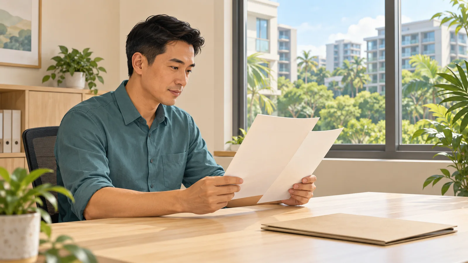 Illustration of a property manager reviewing papers at a desk overlooking residential buildings and greenery.