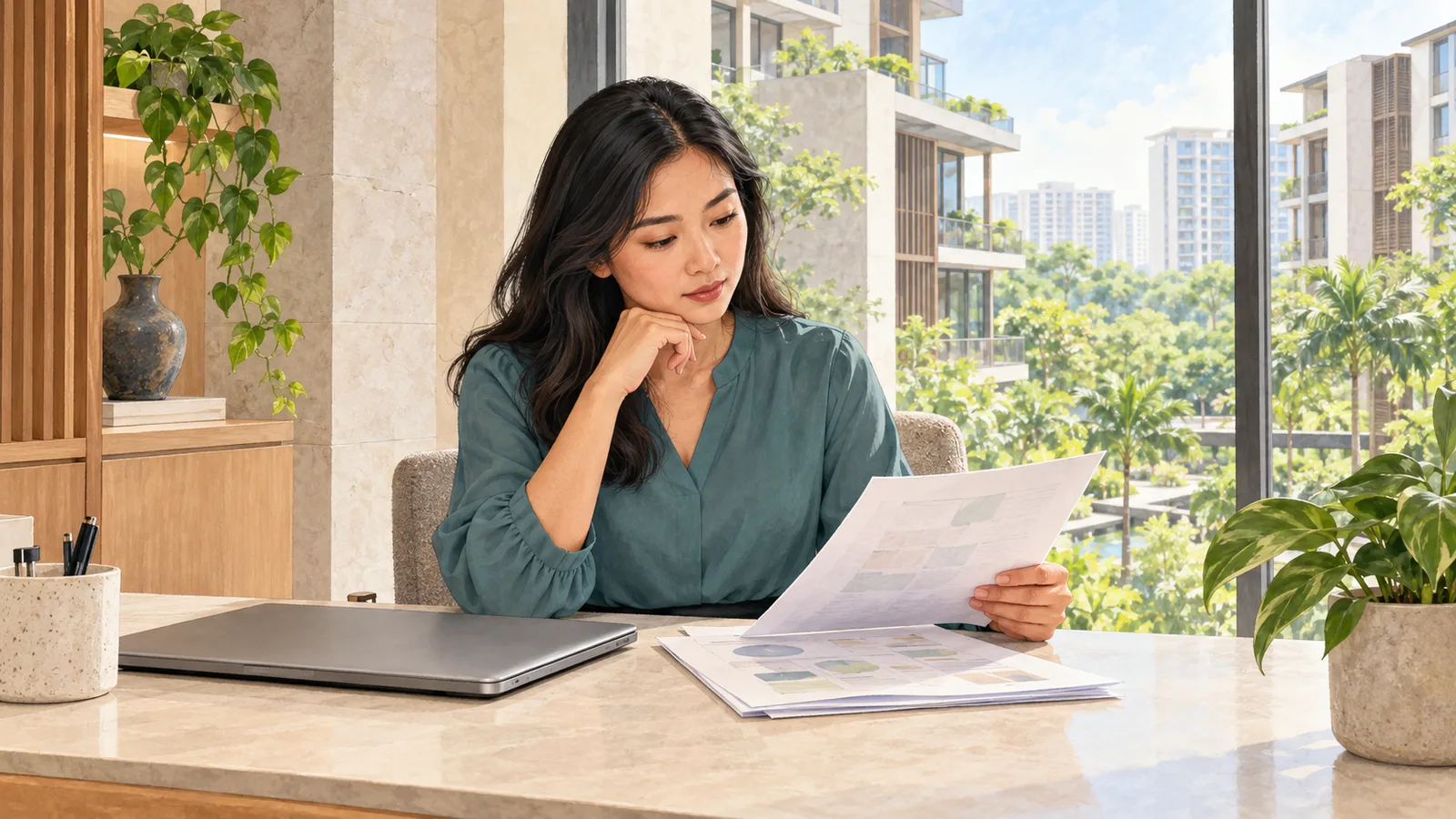 Illustration of a property administrator reviewing a paper report beside a closed laptop, with residential buildings and greenery outside the office window.
