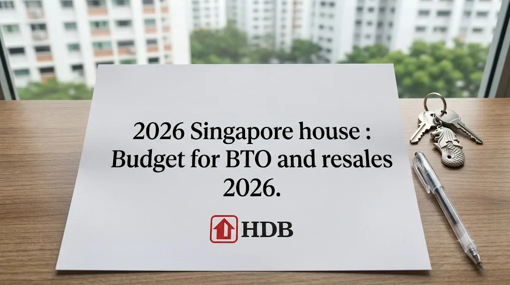 A professional, minimalist cover image designed for a 2026 Singapore property budget guide. The scene features a piece of clean white paper resting on a warm wooden desk next to a window, showcasing a beautifully blurred background of iconic high-rise residential estates. Beside the paper lies a sleek pen and a set of keys adorned with a Merlion keychain. The text on the paper reads clearly: "2026 Singapore house : Budget for BTO and resales 2026." This realistic, clutter-free image captures the modern essence of navigating the local housing market, making it ideal for editorial covers, property blogs, and financial planning articles.